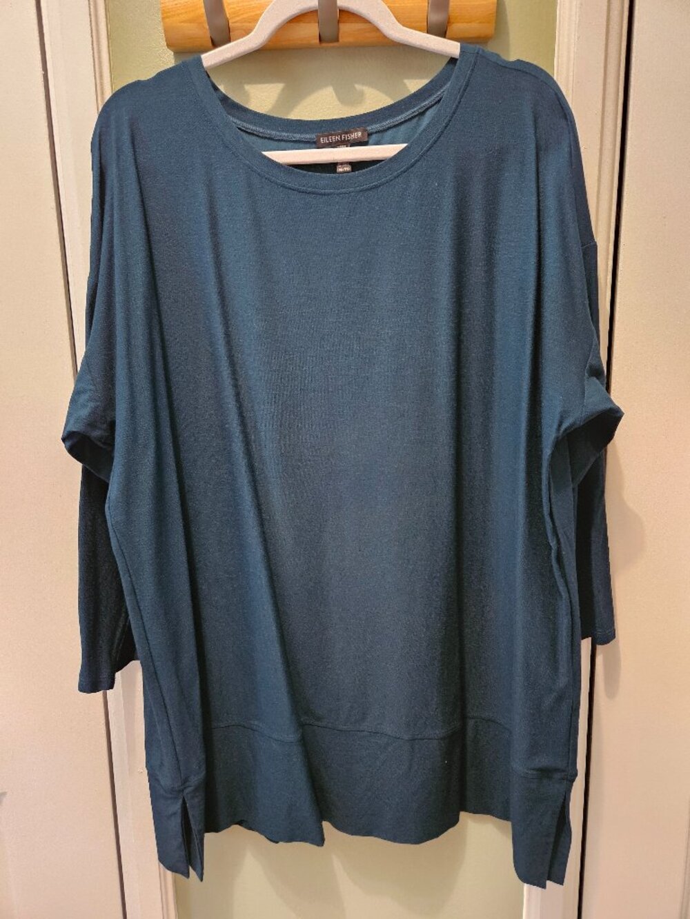Eileen Fisher Long Sleeve Tunic Top Shirt Blue Green XL Stretch Casual